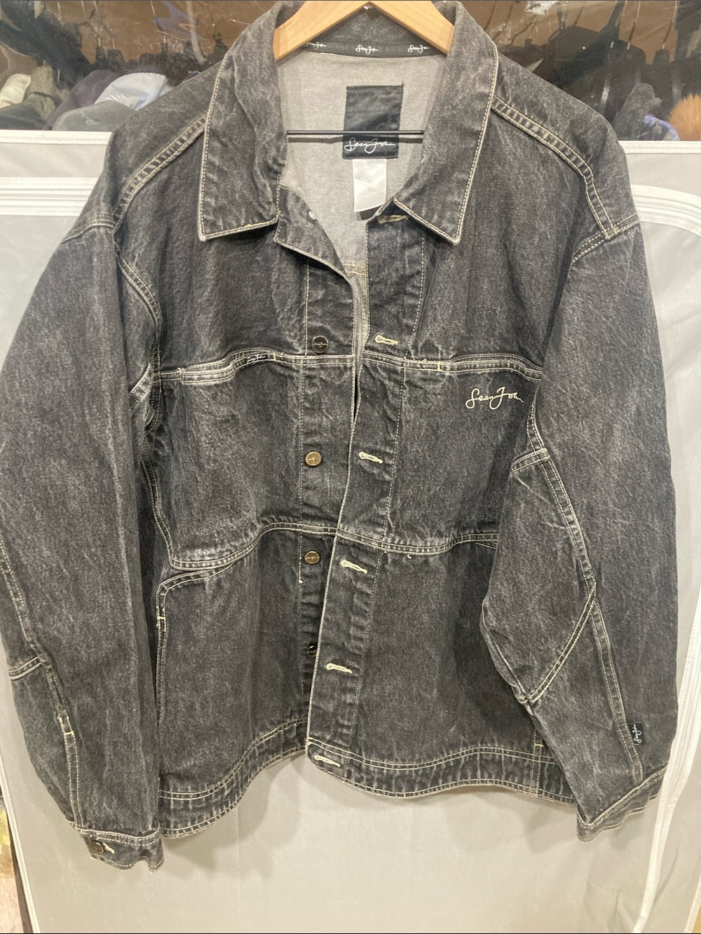 SEAN JOHN Black Washed Denim Shirt Jacket Urban Streetwear Hip Hop Y2K Men’s XL